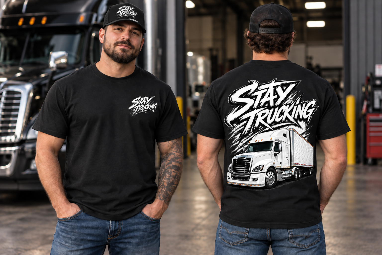 Stay Trucking White Freightliner T-Shirt Front and Back