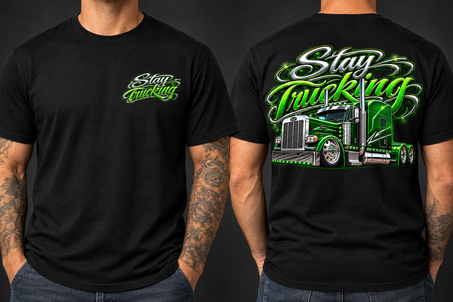 Stay Trucking Green Peterbilt T-Shirt front and back