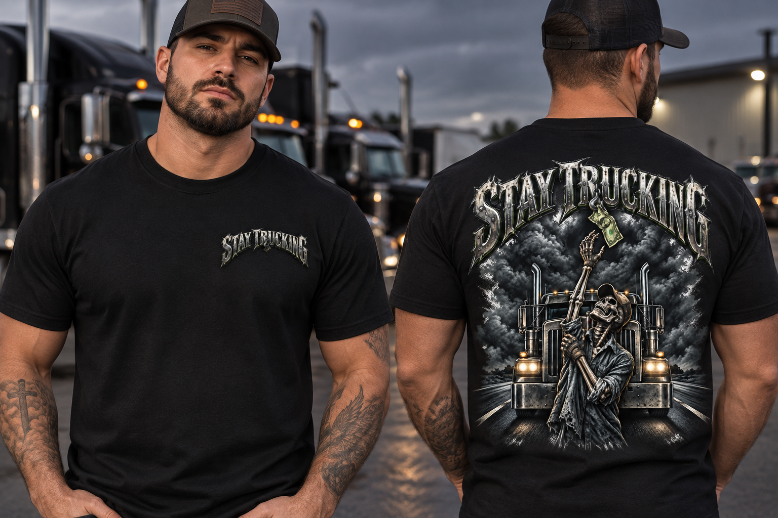 Stay Trucking Skeleton T-shirt shown from the front and back